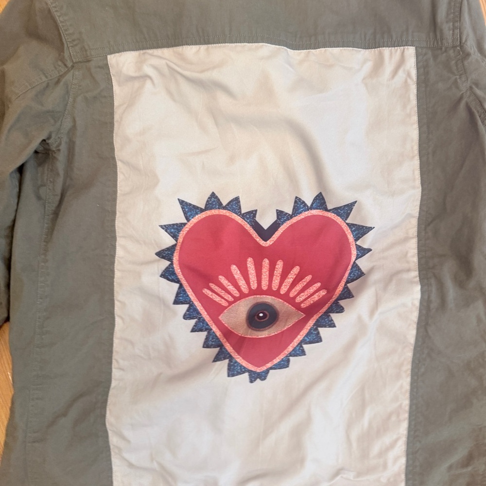 Panache Olive Utility Jacket with White Back Panel and Pink Heart Graphic Small